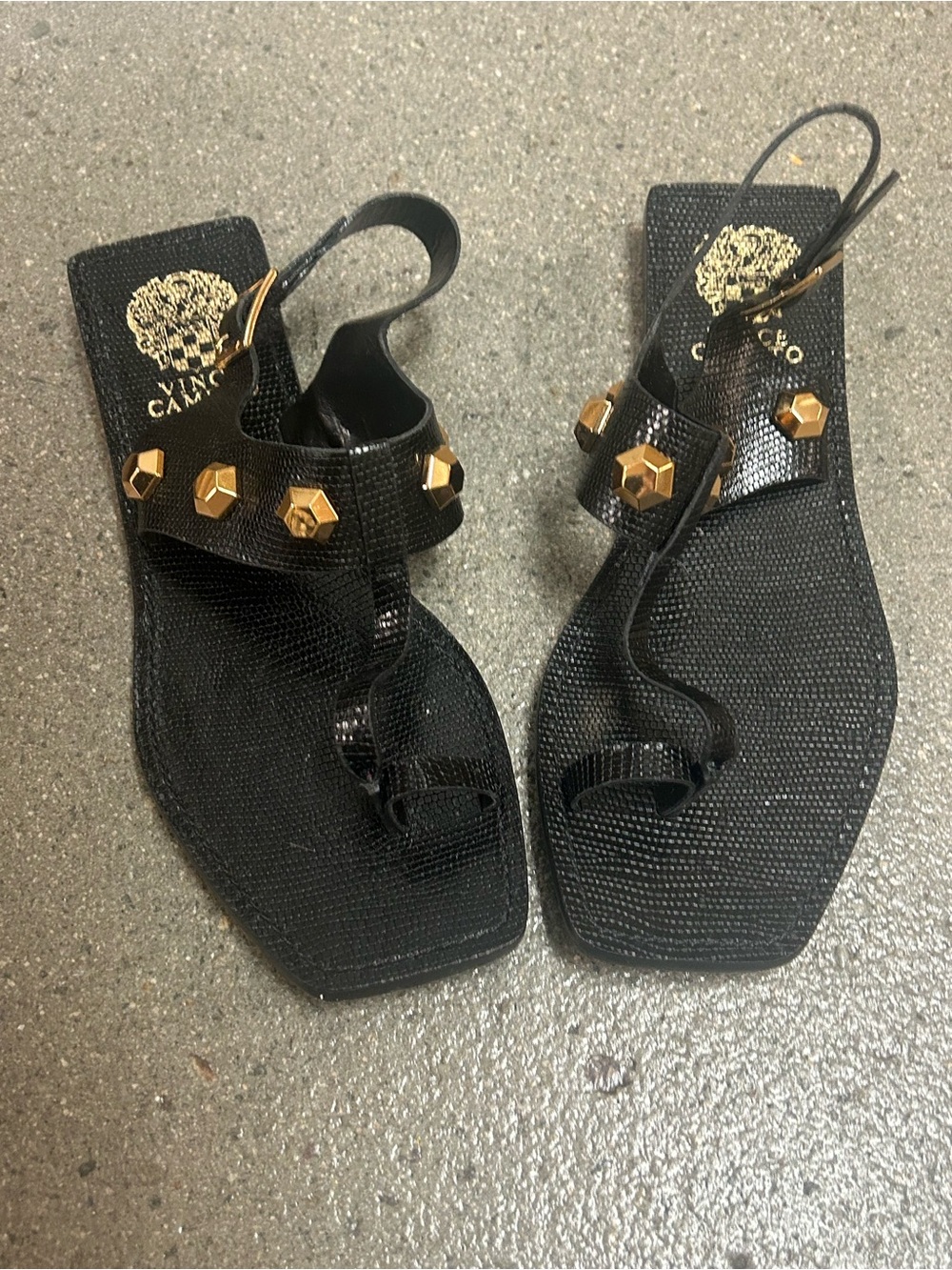 Vince Camuto Black Textured Gladiator Sandals with Gold Stud Accents